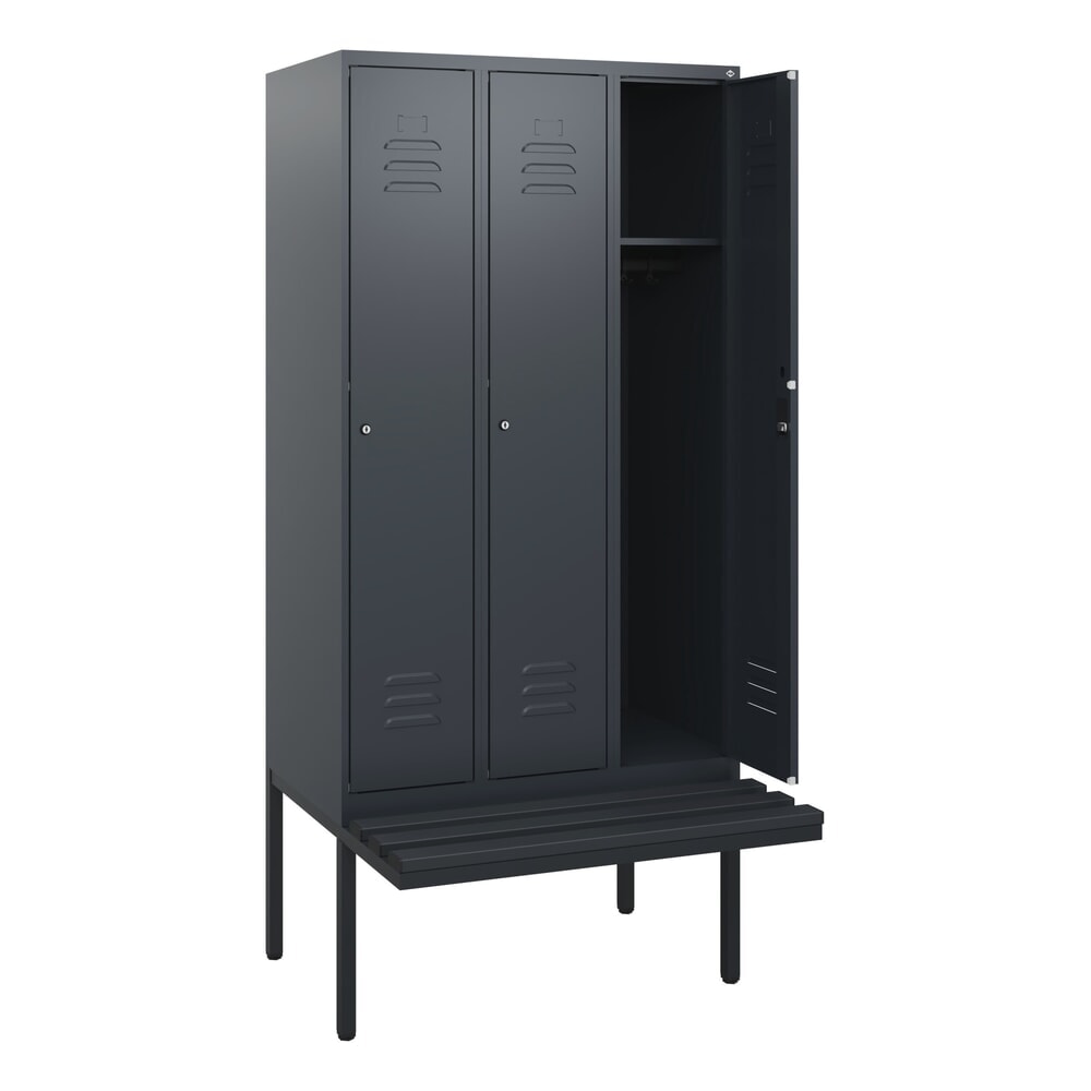 C+P Spind Classic PLUS, 3 Abteile, HxBxT 1.950 x 900 x 815 mm, Zylinderschloss, auskragende Bank aus Kunststoff, anthrazitgrau, anthrazitgrau