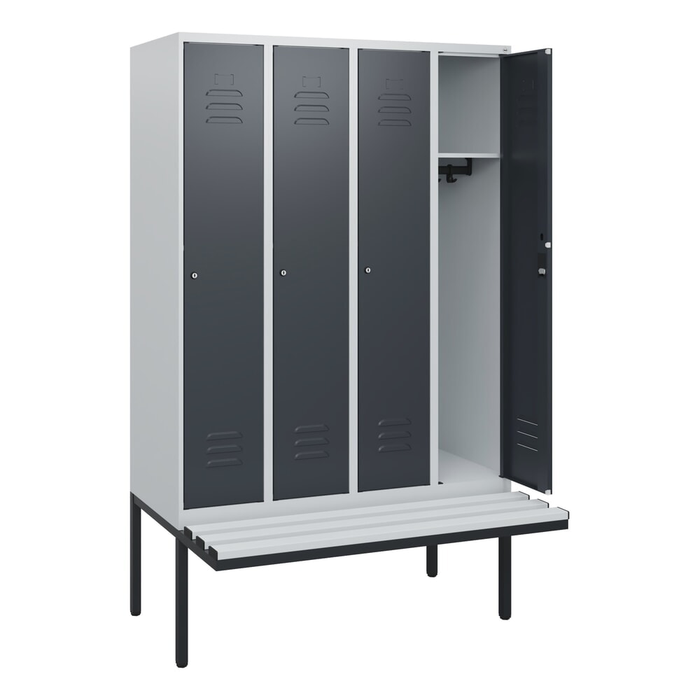 C+P Spind Classic PLUS, 4 Abteile, HxBxT 1.950 x 1.200 x 815 mm, Zylinderschloss, auskragende Bank aus Kunststoff, lichtgrau, anthrazitgrau