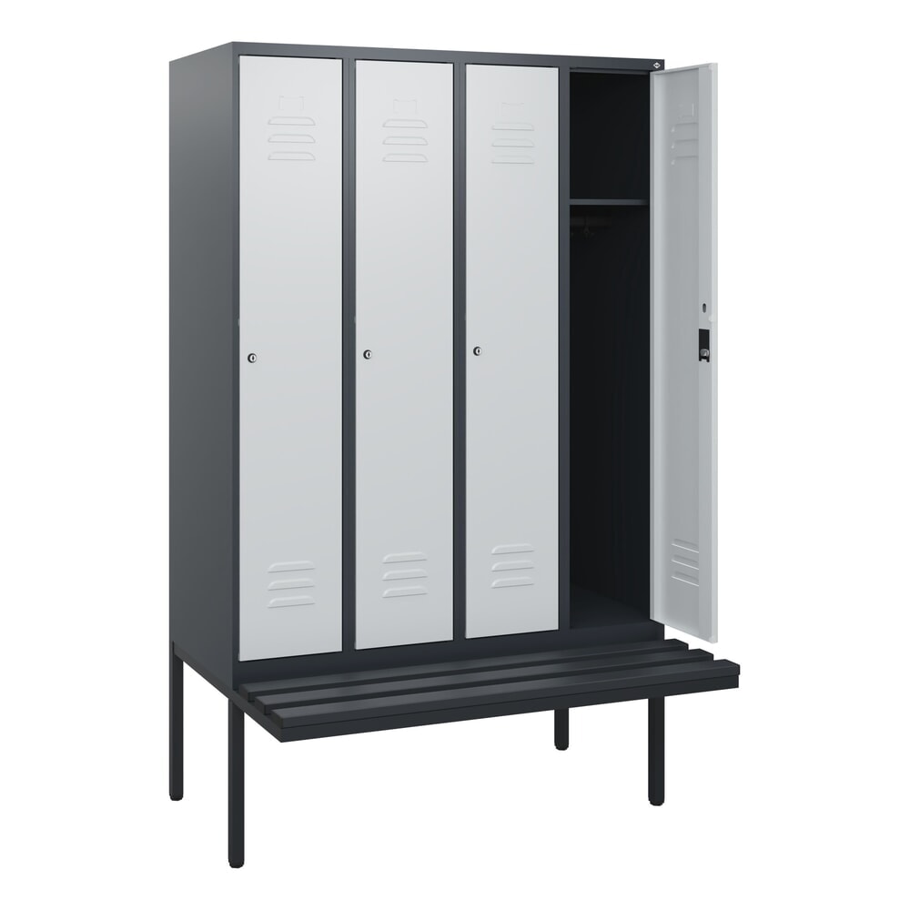 C+P Spind Classic PLUS, 4 Abteile, HxBxT 1.950 x 1.200 x 815 mm, Zylinderschloss, auskragende Bank aus Kunststoff, anthrazitgrau, lichtgrau