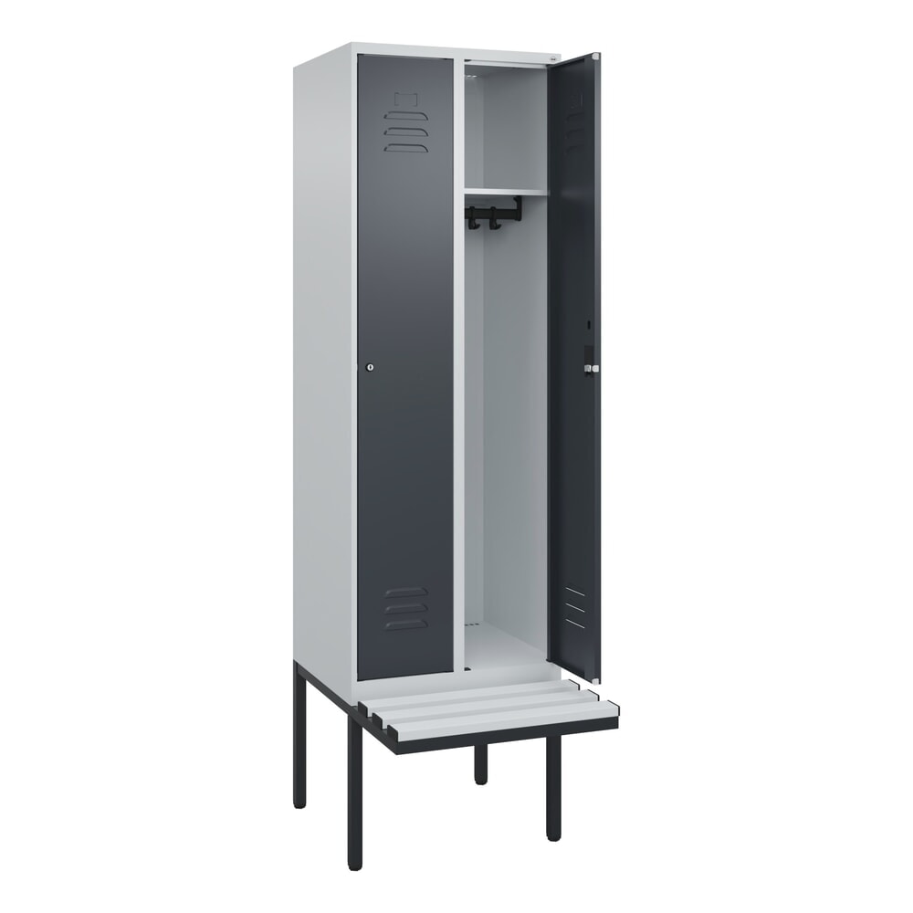 C+P Spind Classic PLUS, 2 Abteile, HxBxT 2.120 x 600 x 815 mm, Zylinderschloss, auskragende Bank aus Kunststoff, lichtgrau, anthrazitgrau