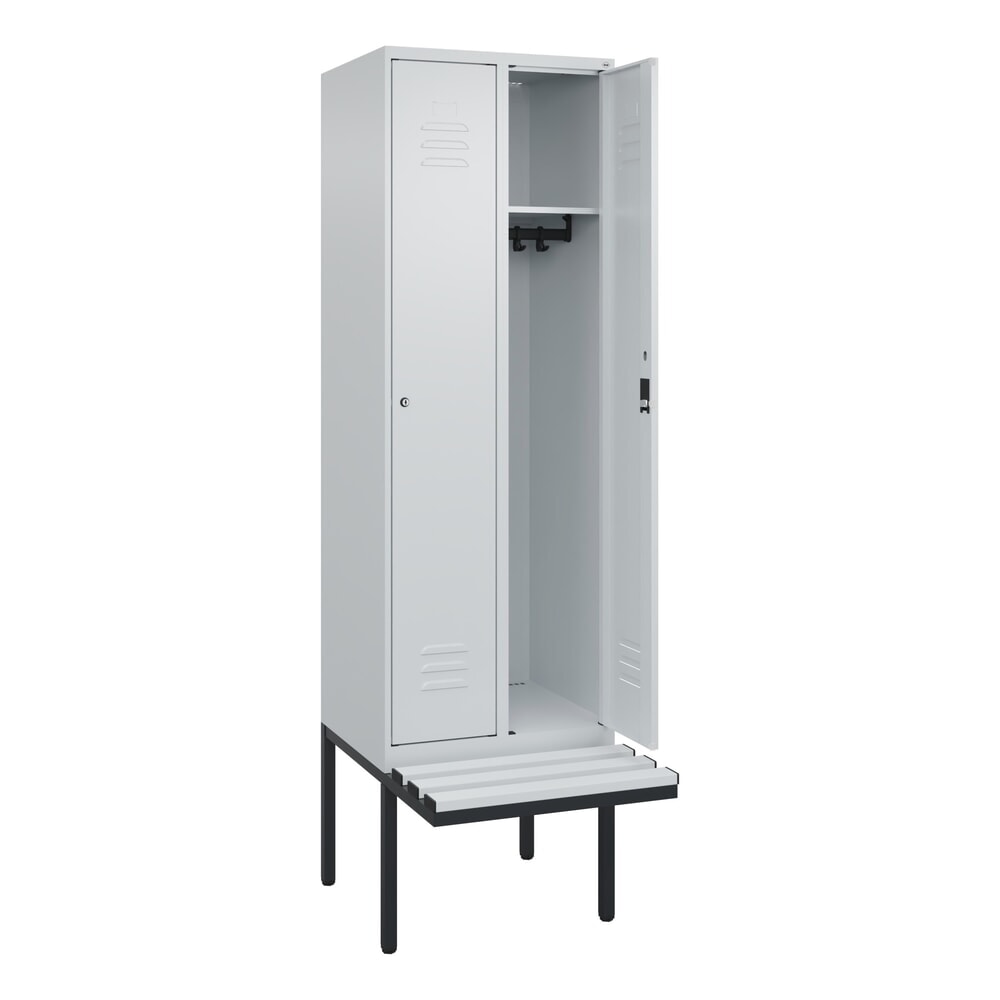 C+P Spind Classic PLUS, 2 Abteile, HxBxT 2.120 x 600 x 815 mm, Zylinderschloss, auskragende Bank aus Kunststoff, lichtgrau, lichtgrau