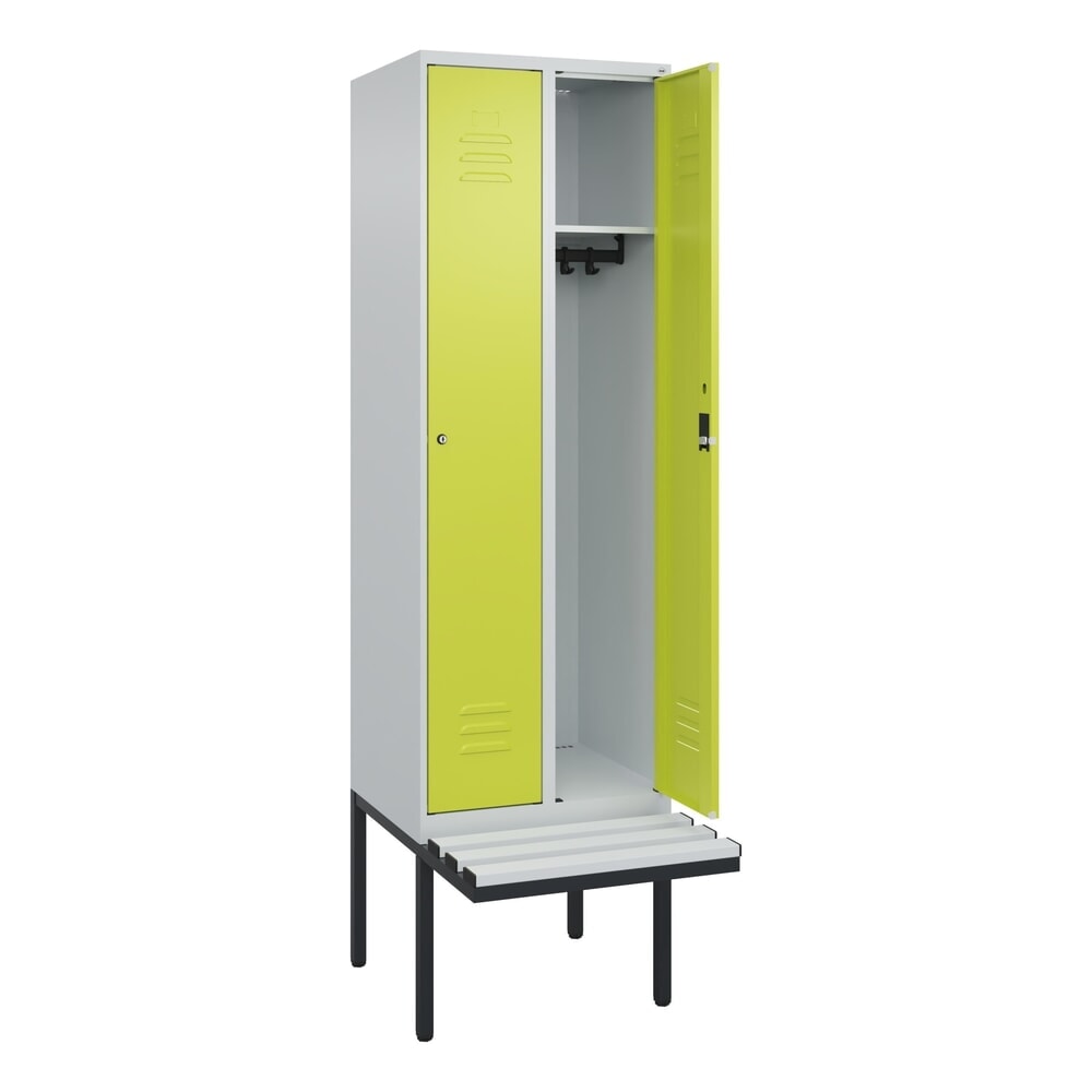 C+P Spind Classic PLUS, 2 Abteile, HxBxT 2.120 x 600 x 815 mm, Zylinderschloss, auskragende Bank aus Kunststoff, lichtgrau, clowngrün