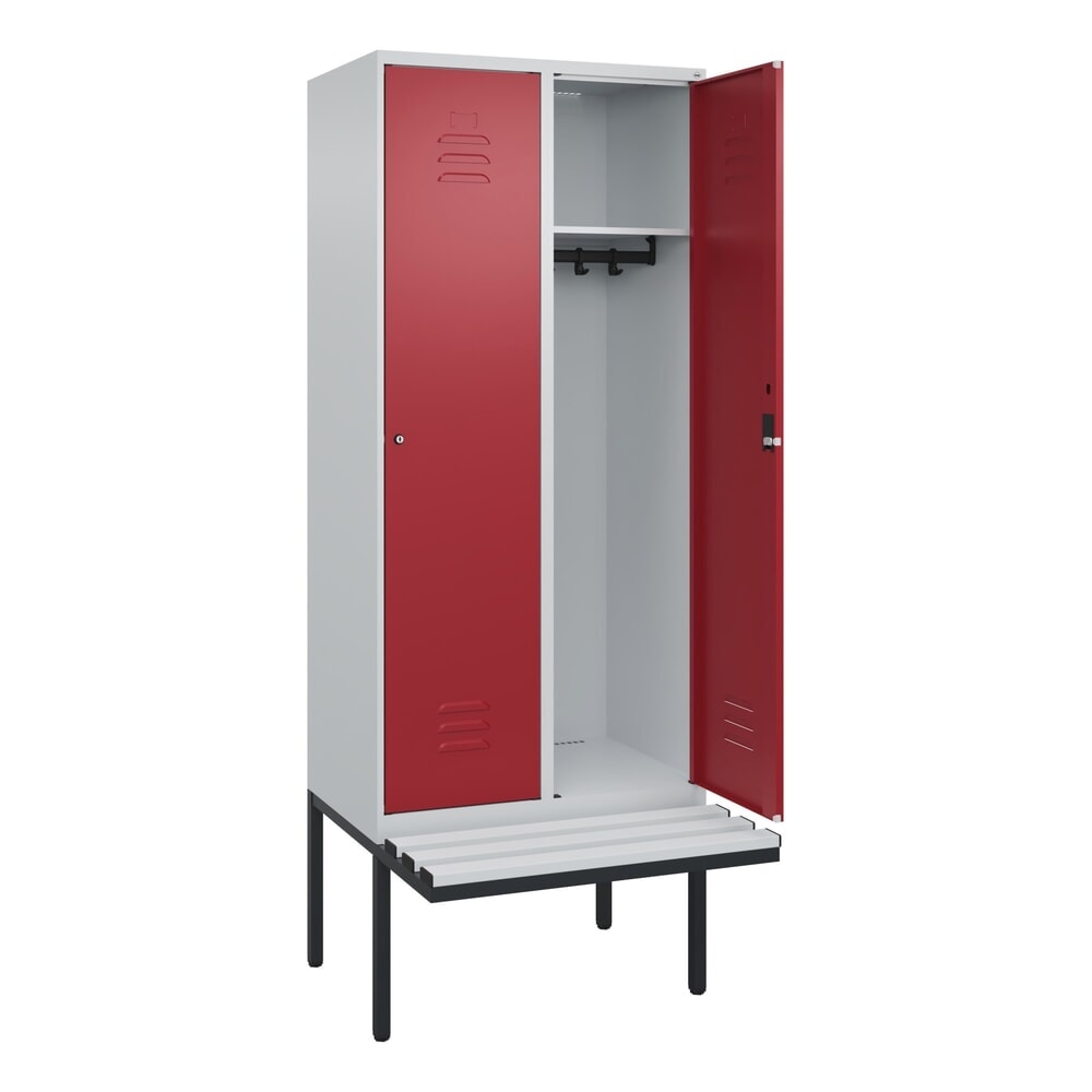 C+P Spind Classic PLUS, 2 Abteile, HxBxT 2.120 x 800 x 815 mm, Zylinderschloss, auskragende Bank aus Kunststoff, lichtgrau, rubinrot