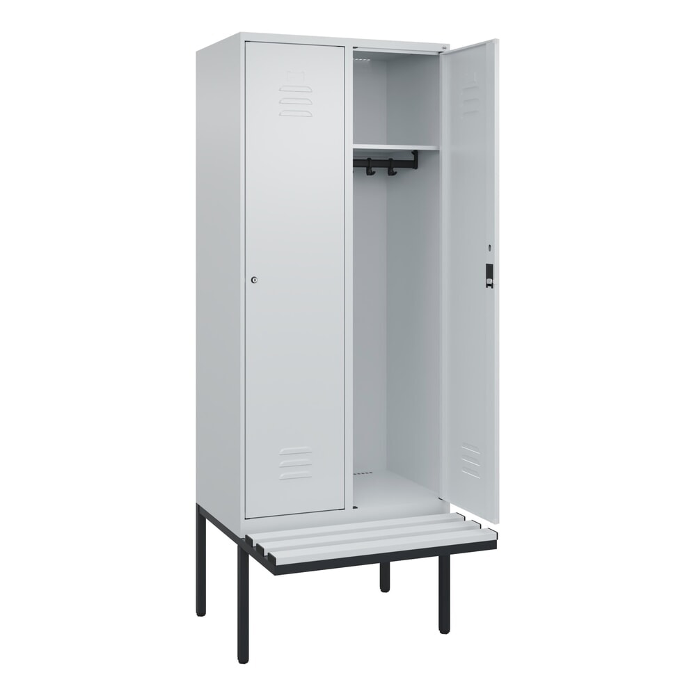 C+P Spind Classic PLUS, 2 Abteile, HxBxT 2.120 x 800 x 815 mm, Zylinderschloss, auskragende Bank aus Kunststoff, lichtgrau, lichtgrau