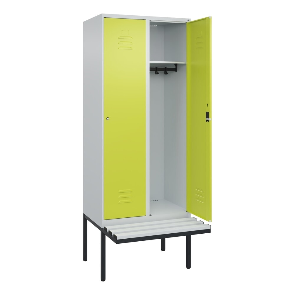 C+P Spind Classic PLUS, 2 Abteile, HxBxT 2.120 x 800 x 815 mm, Zylinderschloss, auskragende Bank aus Kunststoff, lichtgrau, clowngrün