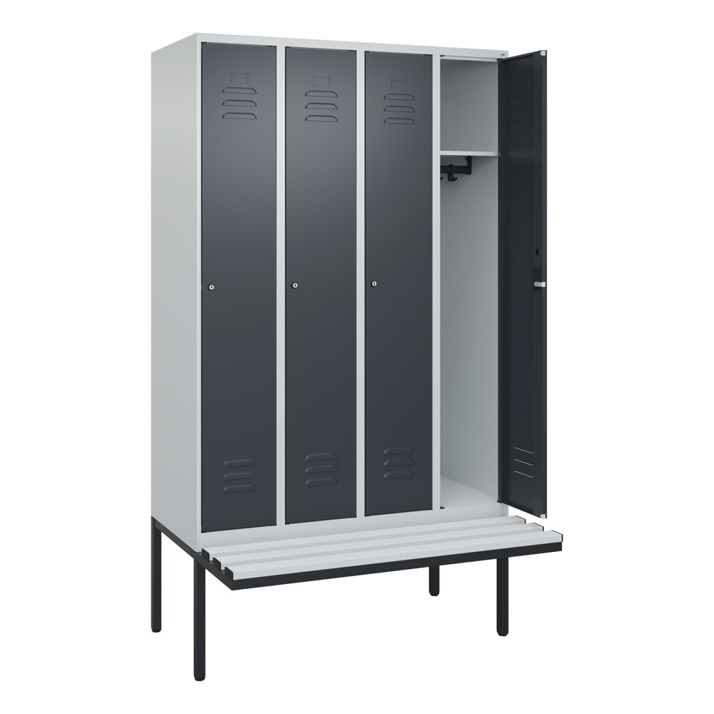 C+P Spind Classic PLUS, 4 Abteile, HxBxT 2.120 x 1.200 x 815 mm, Zylinderschloss, auskragende Bank aus Kunststoff, lichtgrau, anthrazitgrau