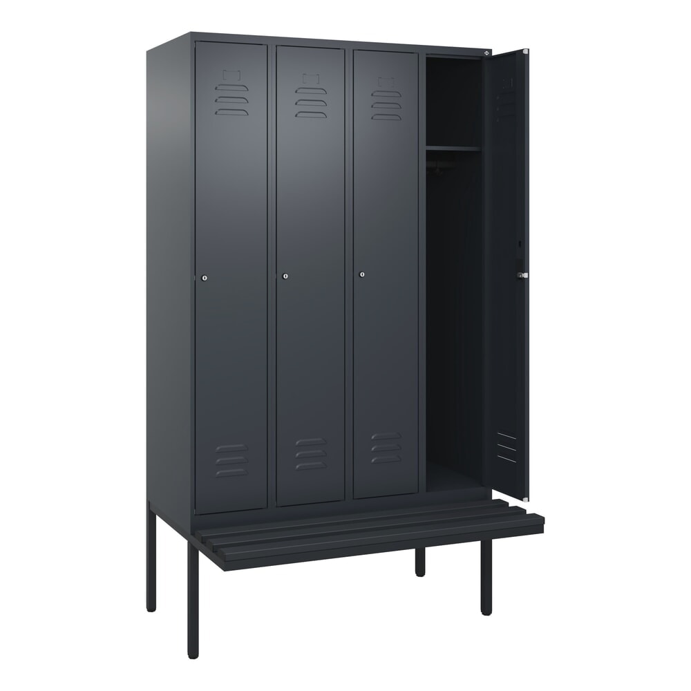 C+P Spind Classic PLUS, 4 Abteile, HxBxT 2.120 x 1.200 x 815 mm, Zylinderschloss, auskragende Bank aus Kunststoff, anthrazitgrau, anthrazitgrau