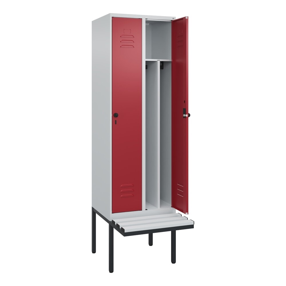 C+P Spind Classic PLUS, 2 Abteile, Trennwand, HxBxT 2.120 x 600 x 815 mm, für Vorhängeschloss, auskragende Bank aus Kunststoff, lichtgrau, rubinrot