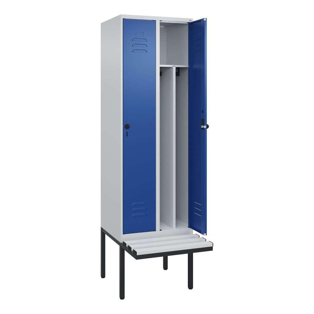 C+P Spind Classic PLUS, 2 Abteile, Trennwand, HxBxT 2.120 x 600 x 815 mm, für Vorhängeschloss, auskragende Bank aus Kunststoff, lichtgrau, enzianblau