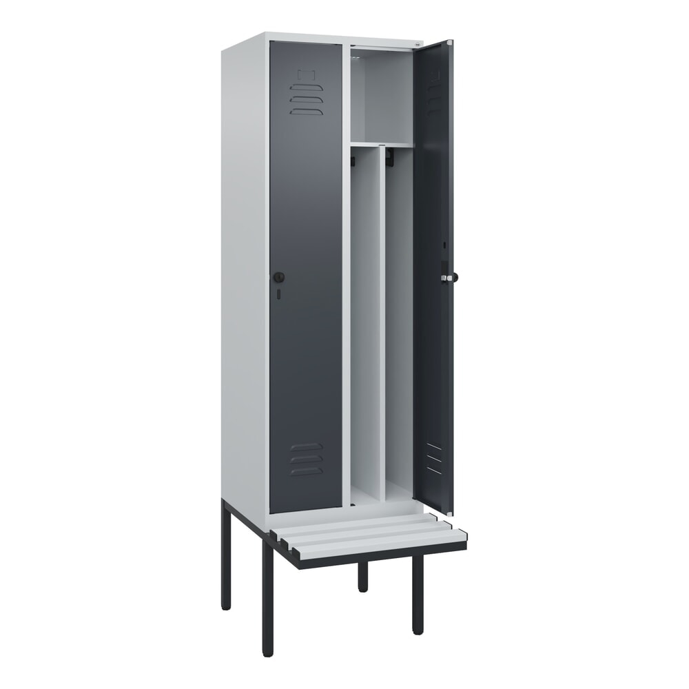 C+P Spind Classic PLUS, 2 Abteile, Trennwand, HxBxT 2.120 x 600 x 815 mm, für Vorhängeschloss, auskragende Bank aus Kunststoff, lichtgrau, anthrazitgrau