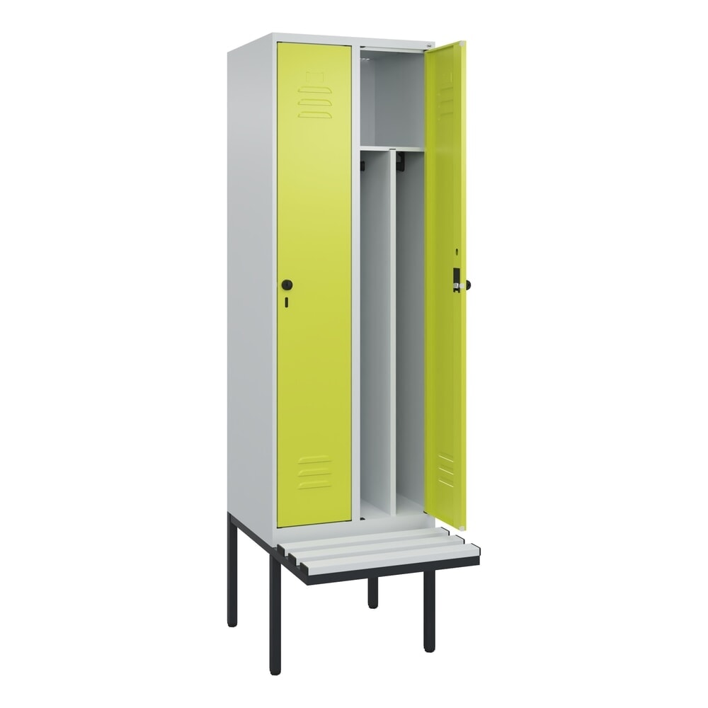 C+P Spind Classic PLUS, 2 Abteile, Trennwand, HxBxT 2.120 x 600 x 815 mm, für Vorhängeschloss, auskragende Bank aus Kunststoff, lichtgrau, clowngrün
