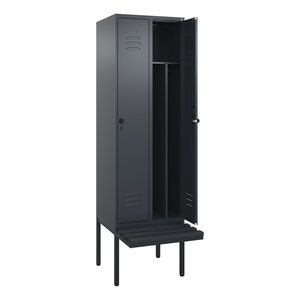 C+P Spind Classic PLUS, 2 Abteile, Trennwand, HxBxT 2.120 x 600 x 815 mm, für Vorhängeschloss, auskragende Bank aus Kunststoff, anthrazitgrau, anthrazitgrau