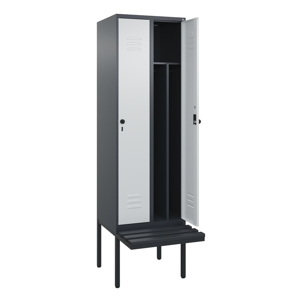 C+P Spind Classic PLUS, 2 Abteile, Trennwand, HxBxT 2.120 x 600 x 815 mm, für Vorhängeschloss, auskragende Bank aus Kunststoff, anthrazitgrau, lichtgrau