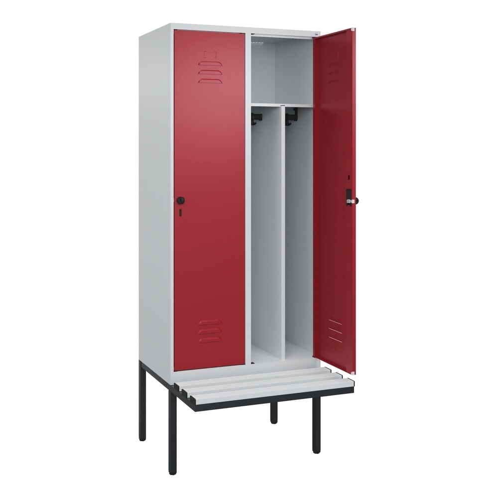 C+P Spind Classic PLUS, 2 Abteile, Trennwand, HxBxT 2.120 x 800 x 815 mm, für Vorhängeschloss, auskragende Bank aus Kunststoff, lichtgrau, rubinrot