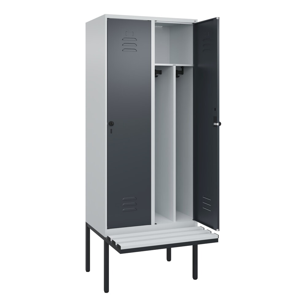 C+P Spind Classic PLUS, 2 Abteile, Trennwand, HxBxT 2.120 x 800 x 815 mm, für Vorhängeschloss, auskragende Bank aus Kunststoff, lichtgrau, anthrazitgrau
