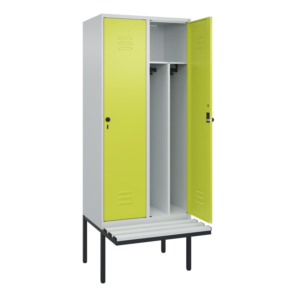 C+P Spind Classic PLUS, 2 Abteile, Trennwand, HxBxT 2.120 x 800 x 815 mm, für Vorhängeschloss, auskragende Bank aus Kunststoff, lichtgrau, clowngrün
