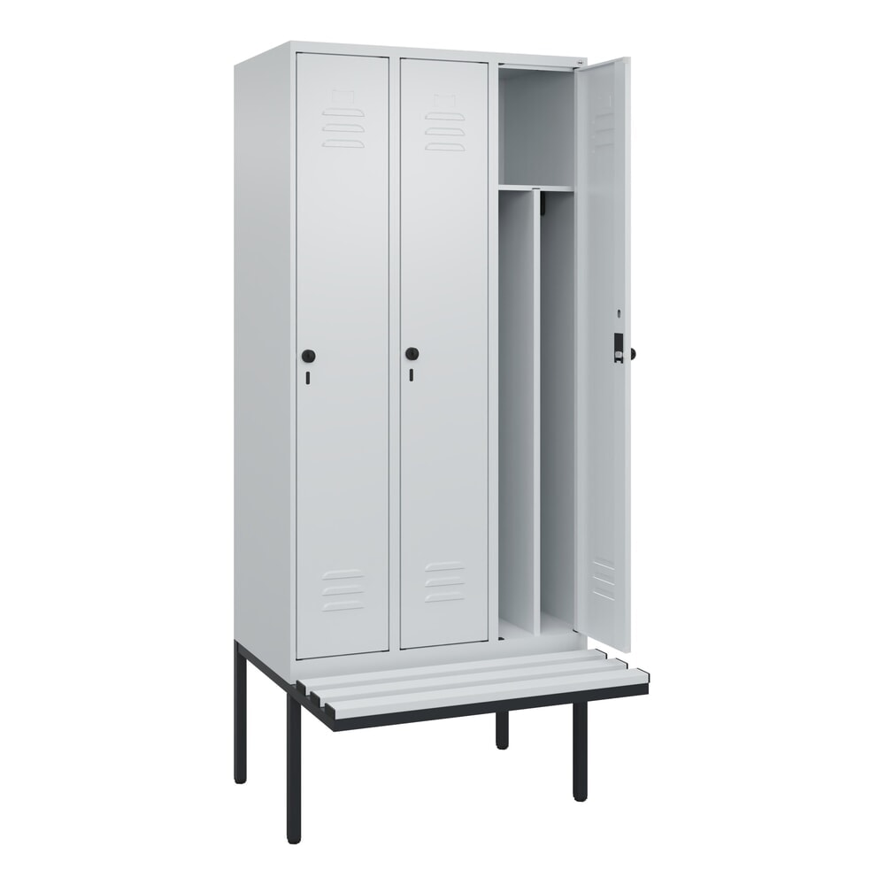 C+P Spind Classic PLUS, 3 Abteile, Trennwand, HxBxT 2.120 x 900 x 815 mm, für Vorhängeschloss, auskragende Bank aus Kunststoff, lichtgrau, lichtgrau