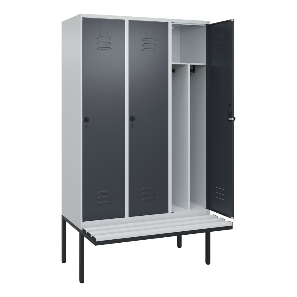 C+P Spind Classic PLUS, 3 Abteile, Trennwand, HxBxT 2.120 x 1.200 x 815 mm, für Vorhängeschloss, auskragende Bank aus Kunststoff, lichtgrau, anthrazitgrau