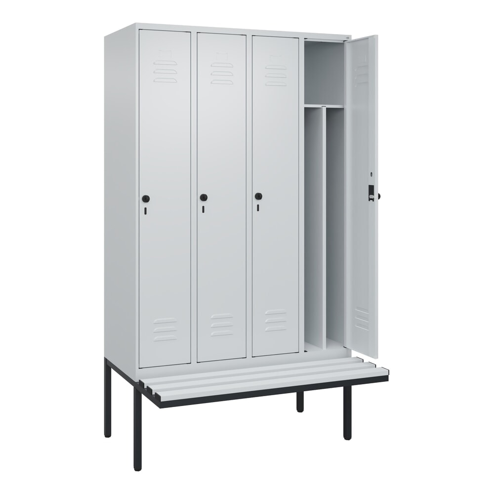 C+P Spind Classic PLUS, 4 Abteile, Trennwand, HxBxT 2.120 x 1.200 x 815 mm, für Vorhängeschloss, auskragende Bank aus Kunststoff, lichtgrau, lichtgrau