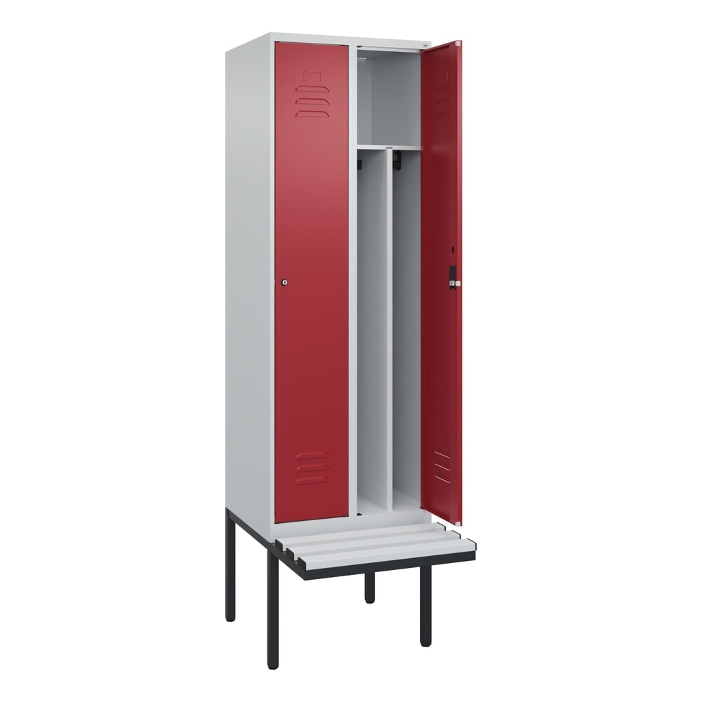 C+P Spind Classic PLUS, 2 Abteile, Trennwand, HxBxT 2.120 x 600 x 815 mm, Zylinderschloss, auskragende Bank aus Kunststoff, lichtgrau, rubinrot