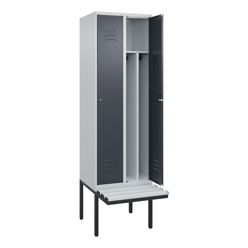 C+P Spind Classic PLUS, 2 Abteile, Trennwand, HxBxT 2.120 x 600 x 815 mm, Zylinderschloss, auskragende Bank aus Kunststoff, lichtgrau, anthrazitgrau