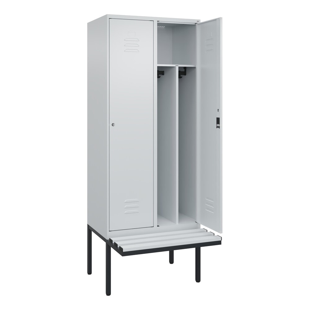 C+P Spind Classic PLUS, 2 Abteile, Trennwand, HxBxT 2.120 x 800 x 815 mm, Zylinderschloss, auskragende Bank aus Kunststoff, lichtgrau, lichtgrau