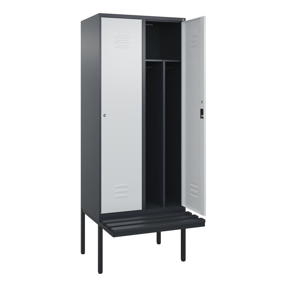 C+P Spind Classic PLUS, 2 Abteile, Trennwand, HxBxT 2.120 x 800 x 815 mm, Zylinderschloss, auskragende Bank aus Kunststoff, anthrazitgrau, lichtgrau