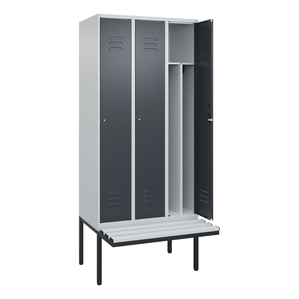 C+P Spind Classic PLUS, 3 Abteile, Trennwand, HxBxT 2.120 x 900 x 815 mm, Zylinderschloss, auskragende Bank aus Kunststoff, lichtgrau, anthrazitgrau