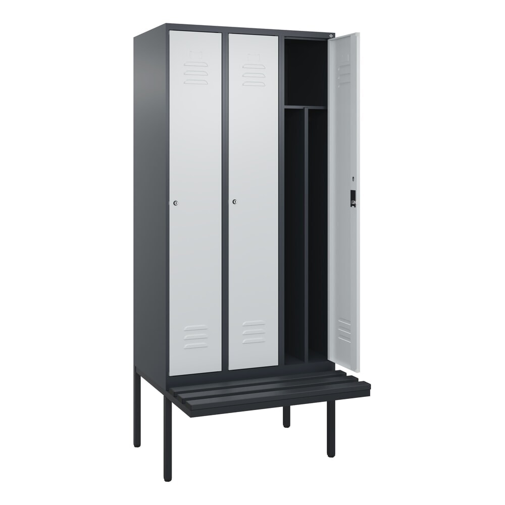 C+P Spind Classic PLUS, 3 Abteile, Trennwand, HxBxT 2.120 x 900 x 815 mm, Zylinderschloss, auskragende Bank aus Kunststoff, anthrazitgrau, lichtgrau