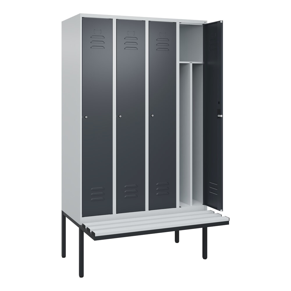 C+P Spind Classic PLUS, 4 Abteile, Trennwand, HxBxT 2.120 x 1.200 x 815 mm, Zylinderschloss, auskragende Bank aus Kunststoff, lichtgrau, anthrazitgrau