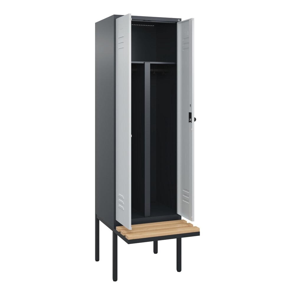 C+P PSA Doppel-Spind Classic PLUS, 2 Abteile, HxBxT 2.120 x 600 x 815 mm, für Vorhängeschloss, auskragende Bank aus Buche, anthrazitgrau, lichtgrau