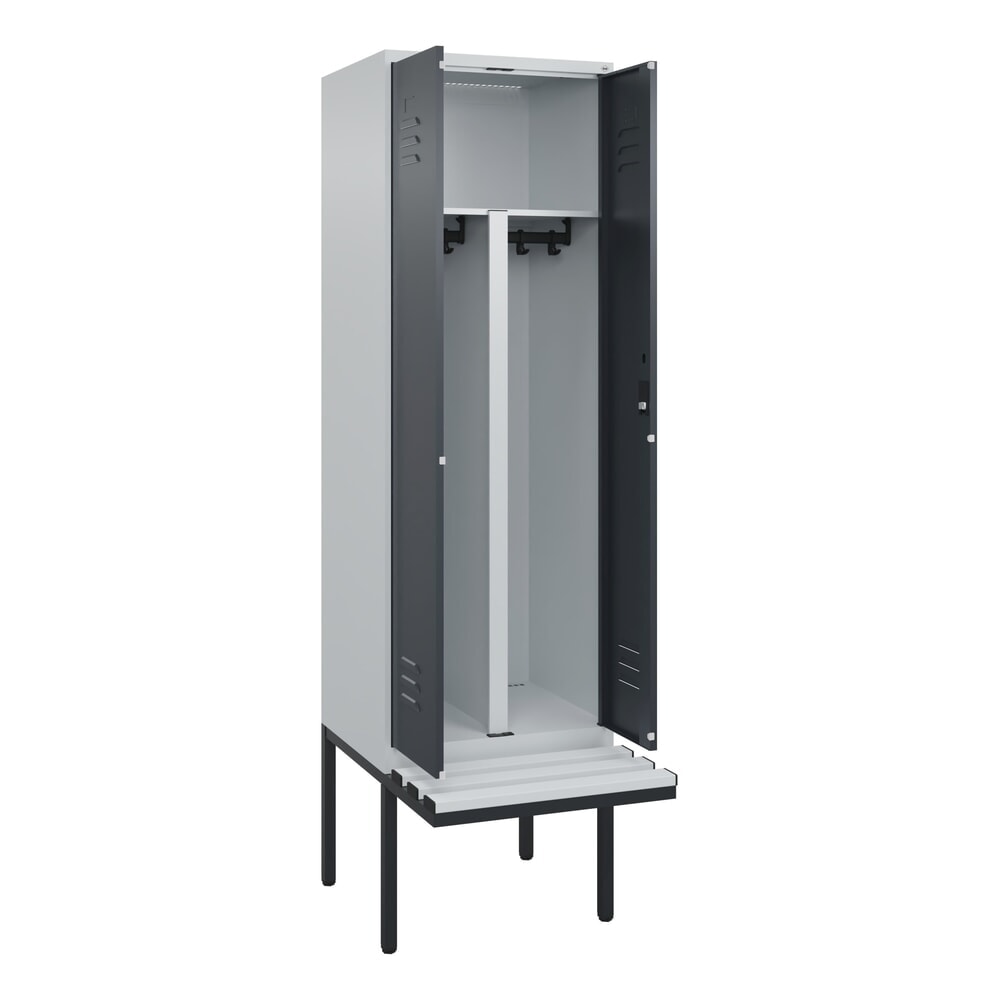 C+P PSA Doppel-Spind Classic PLUS, 2 Abteile, HxBxT 2.120 x 600 x 815 mm, Zylinderschloss, auskragende Bank aus Kunststoff, lichtgrau, anthrazitgrau