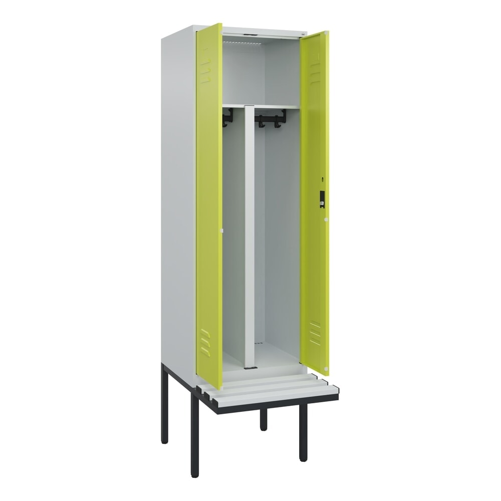 C+P PSA Doppel-Spind Classic PLUS, 2 Abteile, HxBxT 2.120 x 600 x 815 mm, Zylinderschloss, auskragende Bank aus Kunststoff, lichtgrau, clowngrün