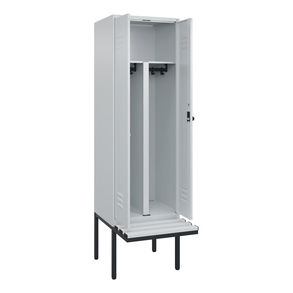 C+P PSA Doppel-Spind Classic PLUS, 2 Abteile, HxBxT 2.120 x 600 x 815 mm, für Vorhängeschloss, auskragende Bank aus Kunststoff, lichtgrau, lichtgrau
