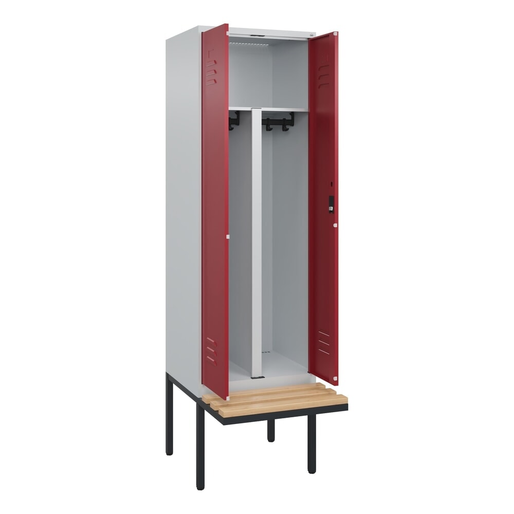 C+P PSA Doppel-Spind Classic PLUS, 2 Abteile, HxBxT 2.120 x 600 x 815 mm, Zylinderschloss, auskragende Bank aus Buche, lichtgrau, rubinrot