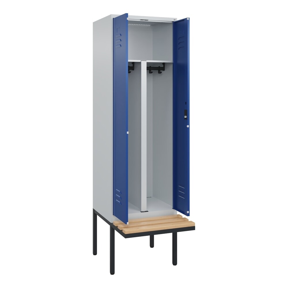 C+P PSA Doppel-Spind Classic PLUS, 2 Abteile, HxBxT 2.120 x 600 x 815 mm, Zylinderschloss, auskragende Bank aus Buche, lichtgrau, enzianblau