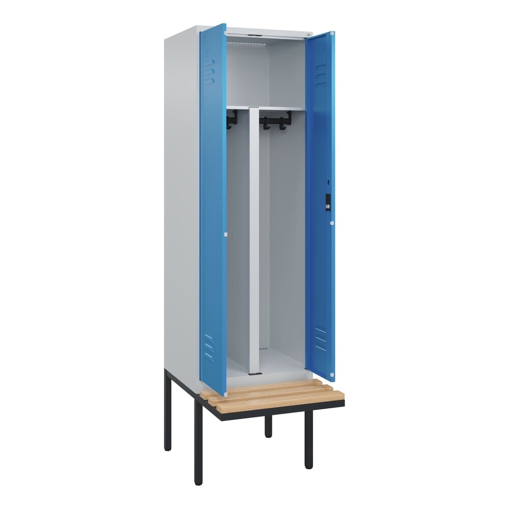 C+P PSA Doppel-Spind Classic PLUS, 2 Abteile, HxBxT 2.120 x 600 x 815 mm, Zylinderschloss, auskragende Bank aus Buche, lichtgrau, lichtblau