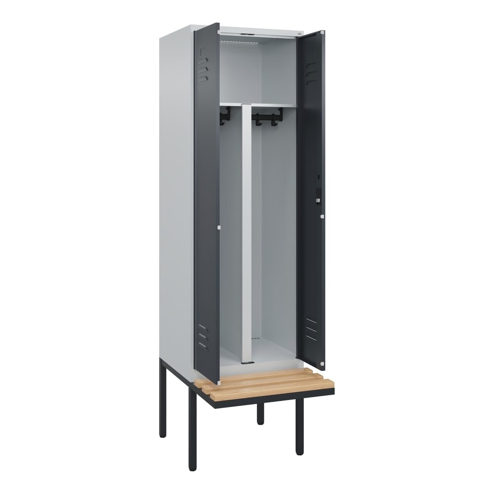 C+P PSA Doppel-Spind Classic PLUS, 2 Abteile, HxBxT 2.120 x 600 x 815 mm, Zylinderschloss, auskragende Bank aus Buche, lichtgrau, anthrazitgrau