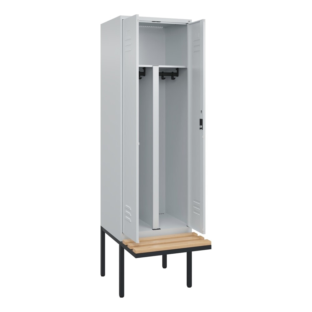 C+P PSA Doppel-Spind Classic PLUS, 2 Abteile, HxBxT 2.120 x 600 x 815 mm, Zylinderschloss, auskragende Bank aus Buche, lichtgrau, lichtgrau