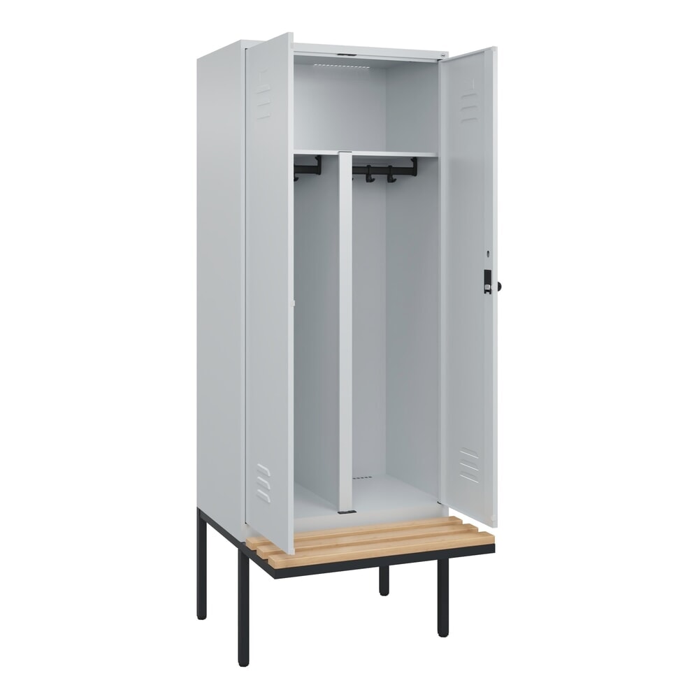 C+P PSA Doppel-Spind Classic PLUS, 2 Abteile, HxBxT 2.120 x 800 x 815 mm, für Vorhängeschloss, auskragende Bank aus Buche, lichtgrau, lichtgrau
