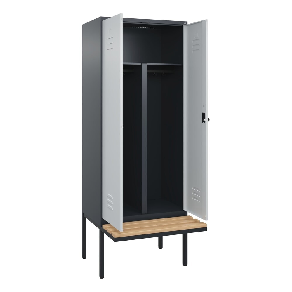 C+P PSA Doppel-Spind Classic PLUS, 2 Abteile, HxBxT 2.120 x 800 x 815 mm, für Vorhängeschloss, auskragende Bank aus Buche, anthrazitgrau, lichtgrau
