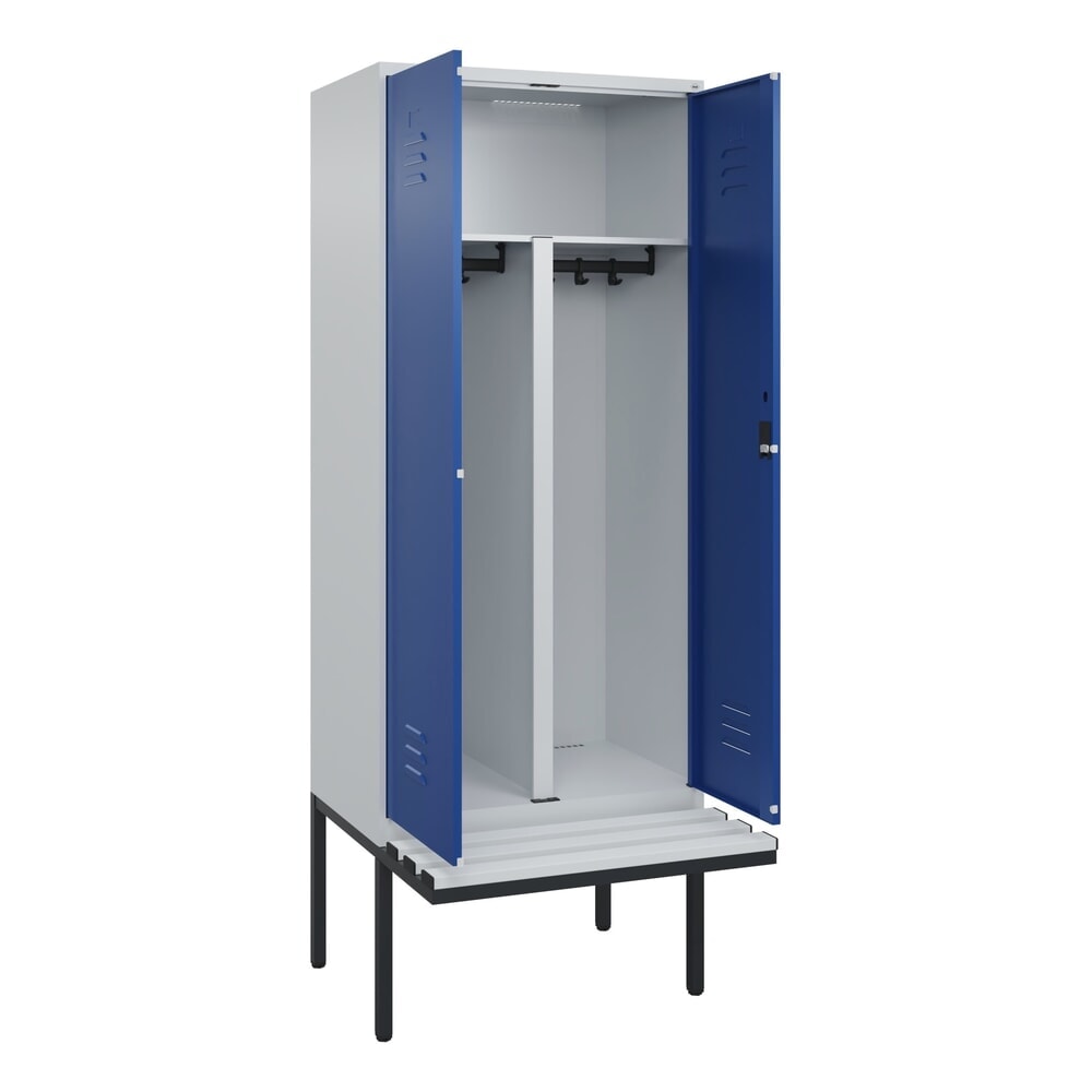 C+P PSA Doppel-Spind Classic PLUS, 2 Abteile, HxBxT 2.120 x 800 x 815 mm, Zylinderschloss, auskragende Bank aus Kunststoff, lichtgrau, enzianblau