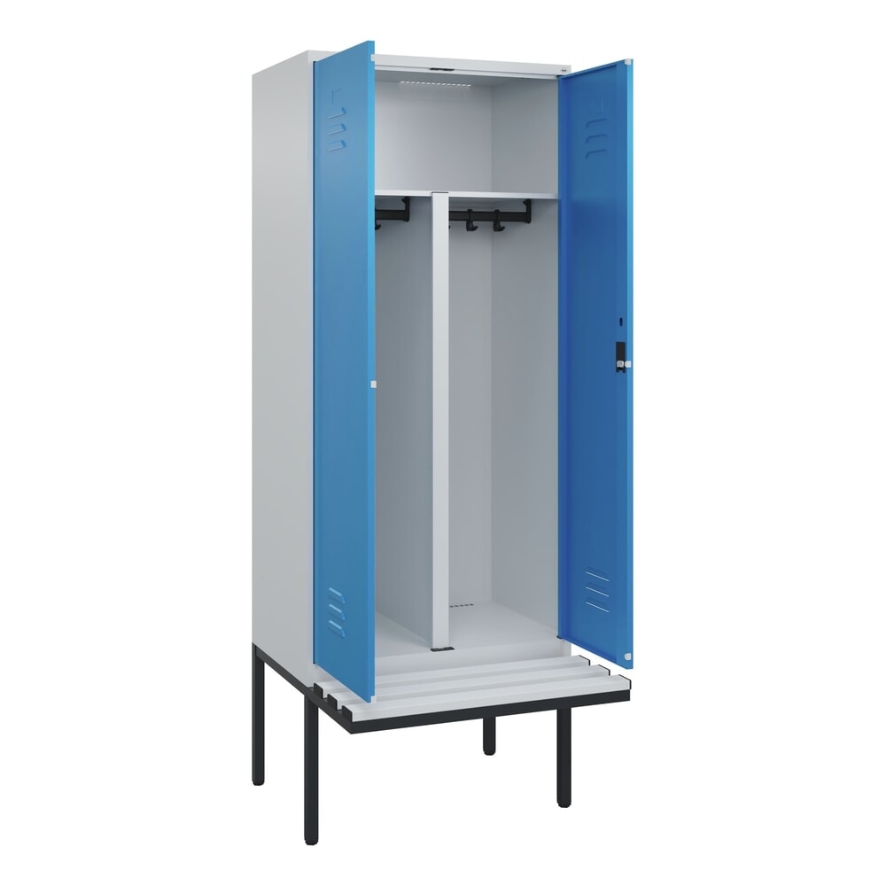 C+P PSA Doppel-Spind Classic PLUS, 2 Abteile, HxBxT 2.120 x 800 x 815 mm, Zylinderschloss, auskragende Bank aus Kunststoff, lichtgrau, lichtblau