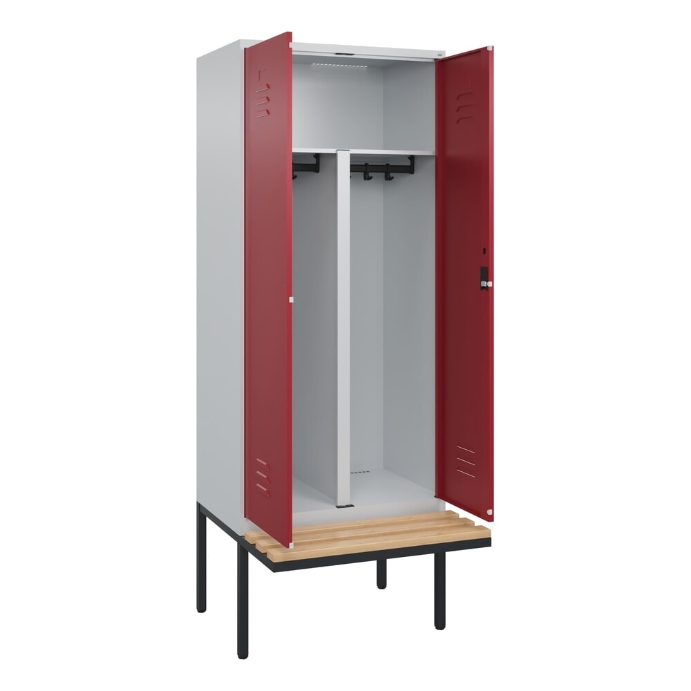 C+P PSA Doppel-Spind Classic PLUS, 2 Abteile, HxBxT 2.120 x 800 x 815 mm, Zylinderschloss, auskragende Bank aus Buche, lichtgrau, rubinrot
