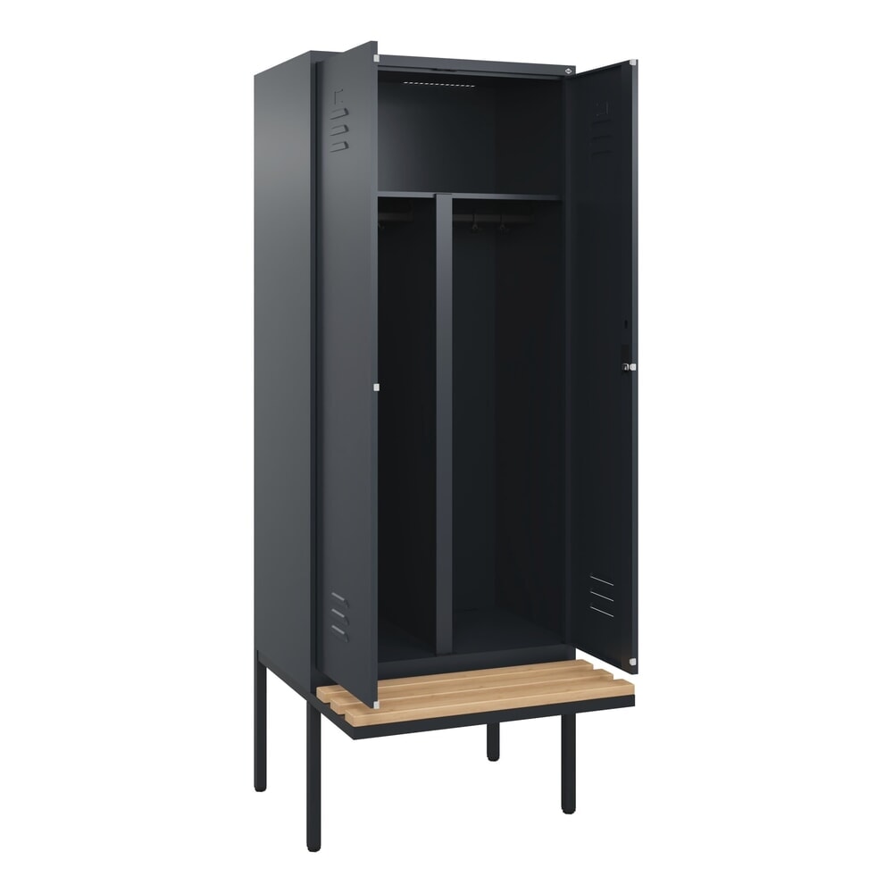 C+P PSA Doppel-Spind Classic PLUS, 2 Abteile, HxBxT 2.120 x 800 x 815 mm, Zylinderschloss, auskragende Bank aus Buche, anthrazitgrau, anthrazitgrau