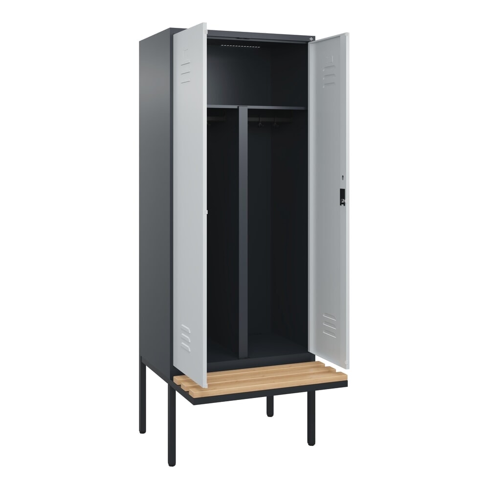 C+P PSA Doppel-Spind Classic PLUS, 2 Abteile, HxBxT 2.120 x 800 x 815 mm, Zylinderschloss, auskragende Bank aus Buche, anthrazitgrau, lichtgrau