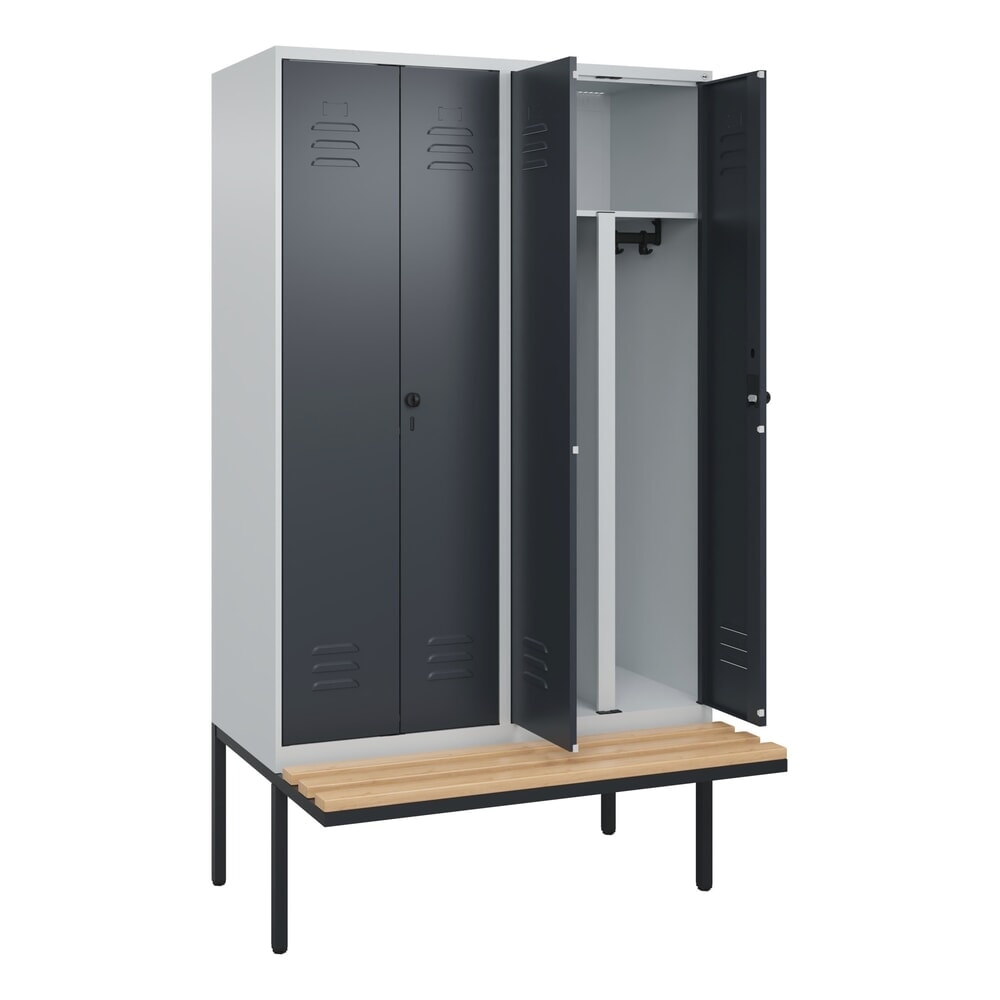 C+P PSA Doppel-Spind Classic PLUS, 4 Abteile, HxBxT 2.120 x 1.200 x 815 mm, für Vorhängeschloss, auskragende Bank aus Buche, lichtgrau, anthrazitgrau
