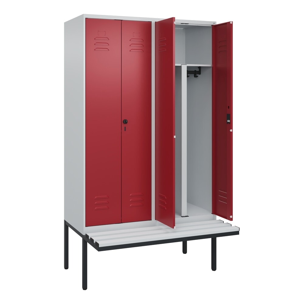 C+P PSA Doppel-Spind Classic PLUS, 4 Abteile, HxBxT 2.120 x 1.200 x 815 mm, Zylinderschloss, auskragende Bank aus Kunststoff, lichtgrau, rubinrot