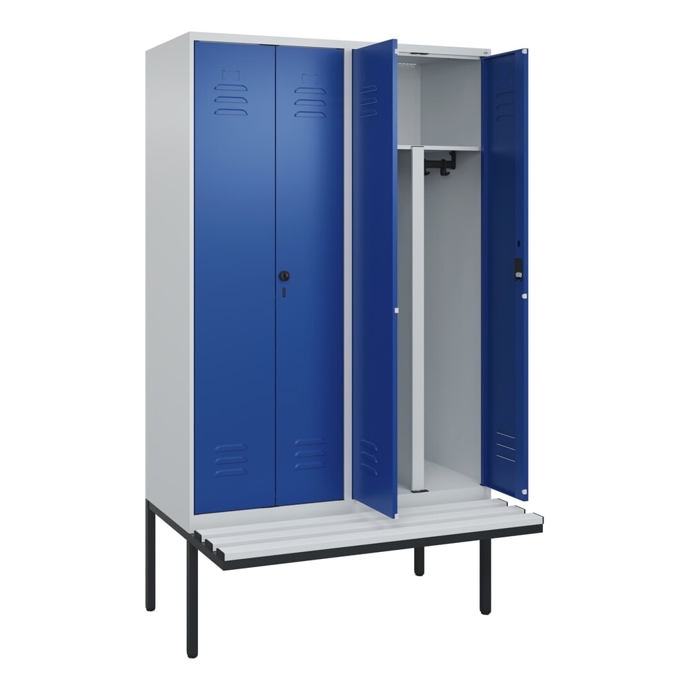 C+P PSA Doppel-Spind Classic PLUS, 4 Abteile, HxBxT 2.120 x 1.200 x 815 mm, Zylinderschloss, auskragende Bank aus Kunststoff, lichtgrau, enzianblau
