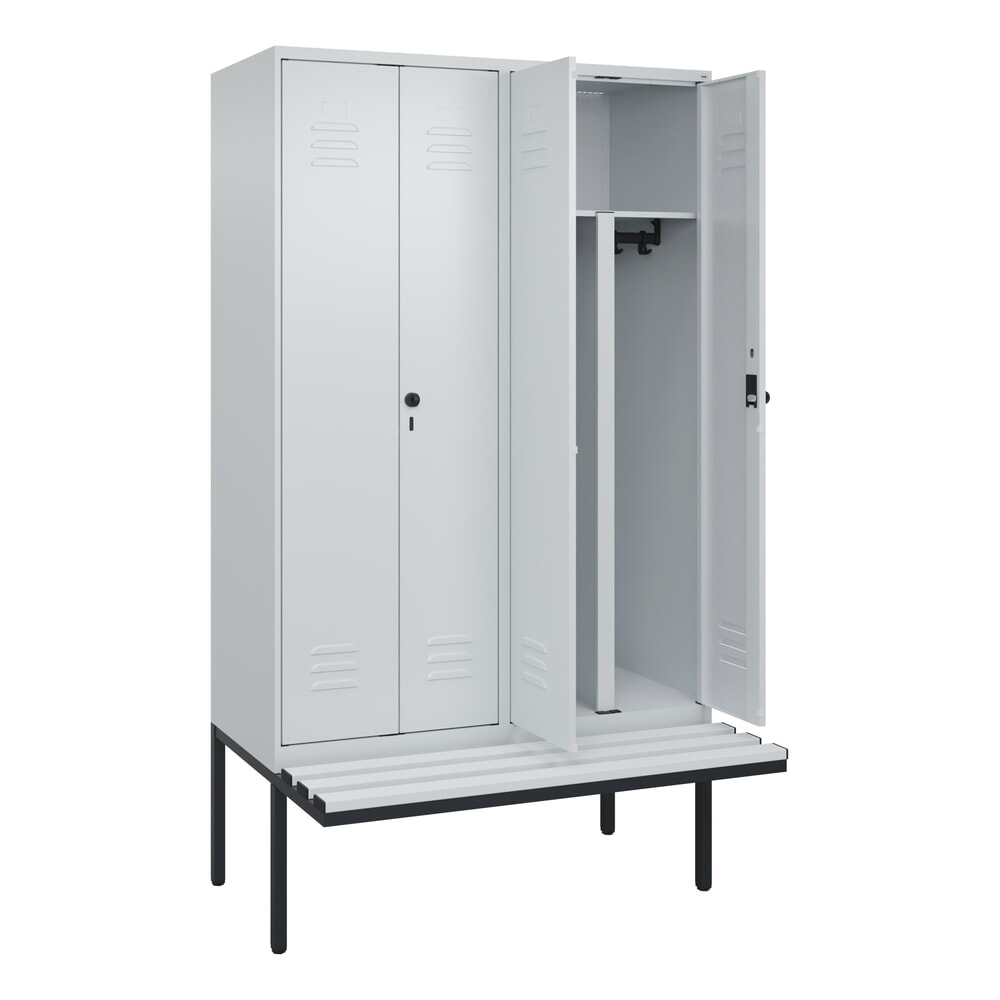 C+P PSA Doppel-Spind Classic PLUS, 4 Abteile, HxBxT 2.120 x 1.200 x 815 mm, für Vorhängeschloss, auskragende Bank aus Kunststoff, lichtgrau, lichtgrau